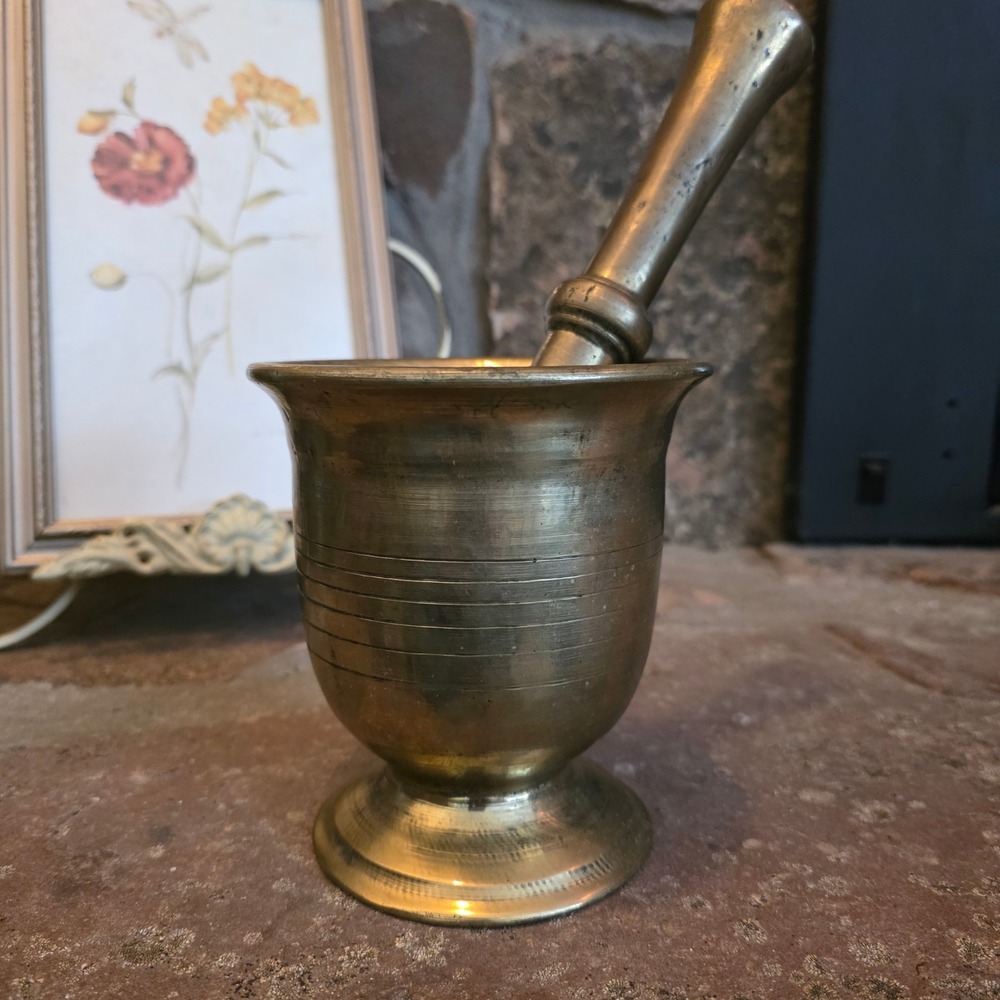 Vintage HEAVY Solid Brass Mortar and Pestle Apothecary Spice Grinder Pedestal